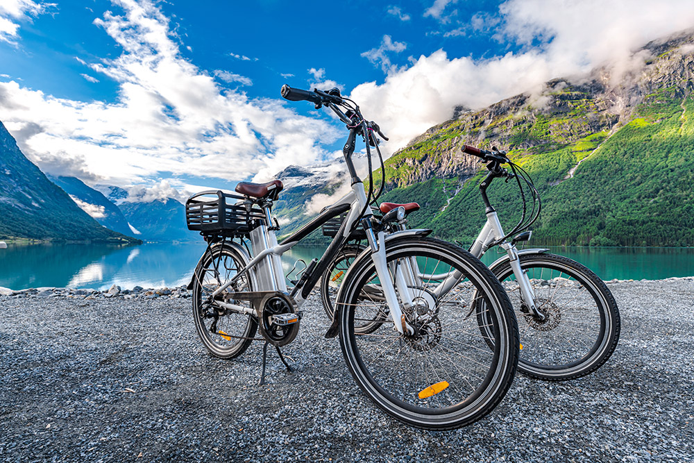 Zwei E-Bikes vor einer Naturlandschaft